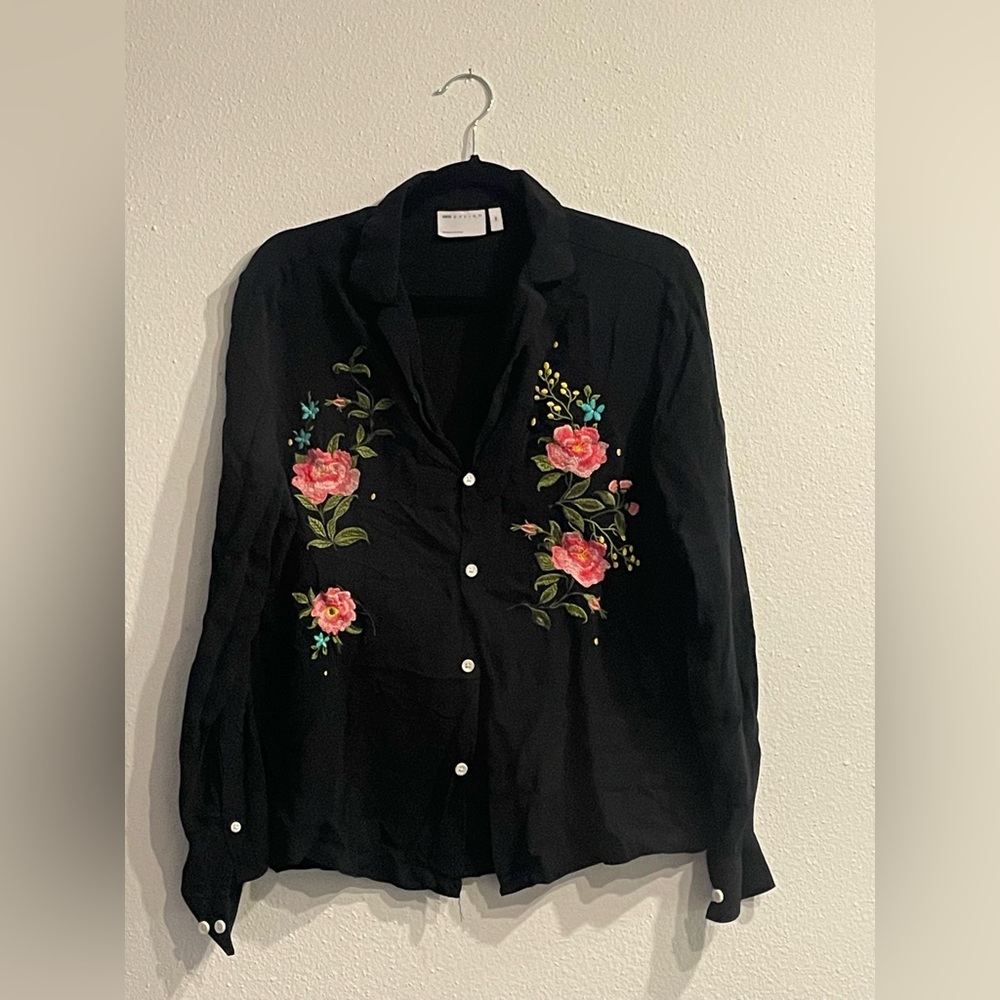 ASOS design floral embroidered western black button down xxs